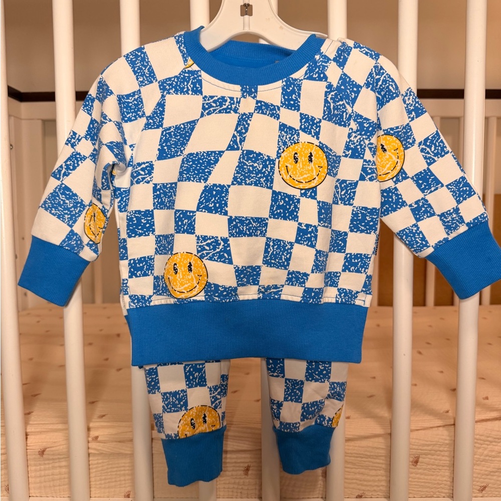 Little Bipsy Blue and White Checkered Smiley Face Set 6-12M